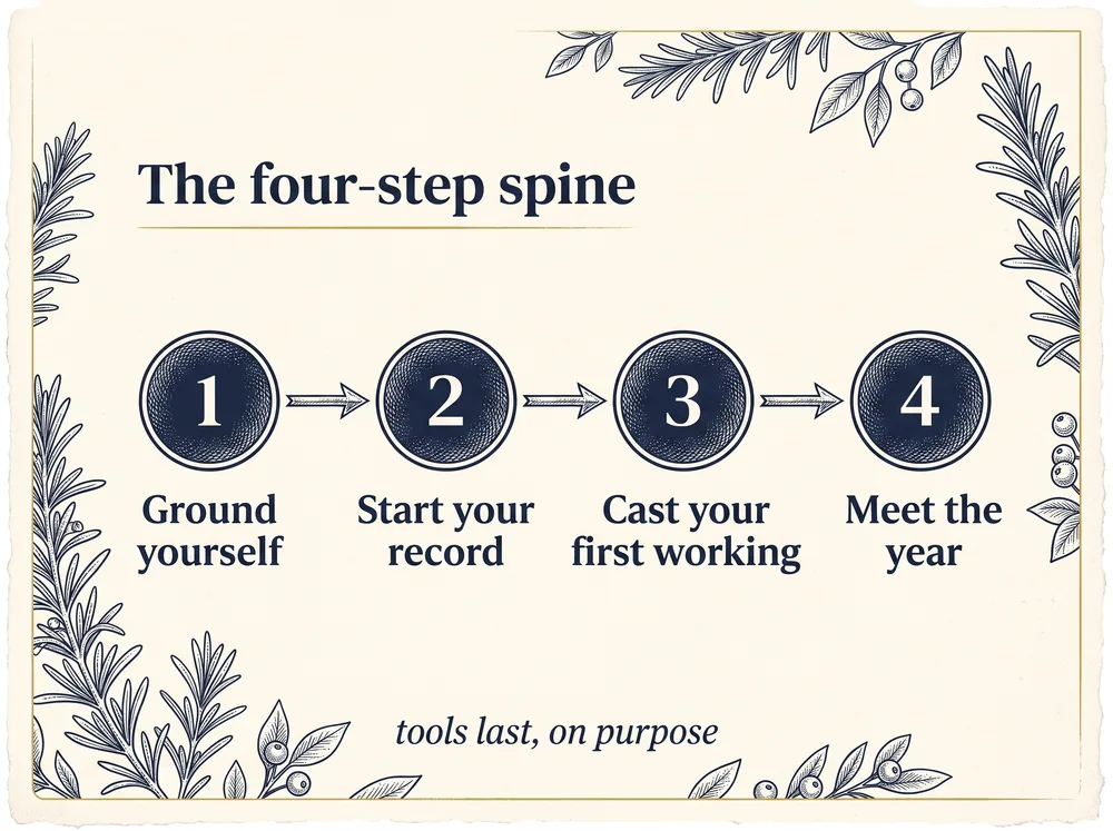 The four-step spine: ground yourself, start your record, cast your first working, then meet the year