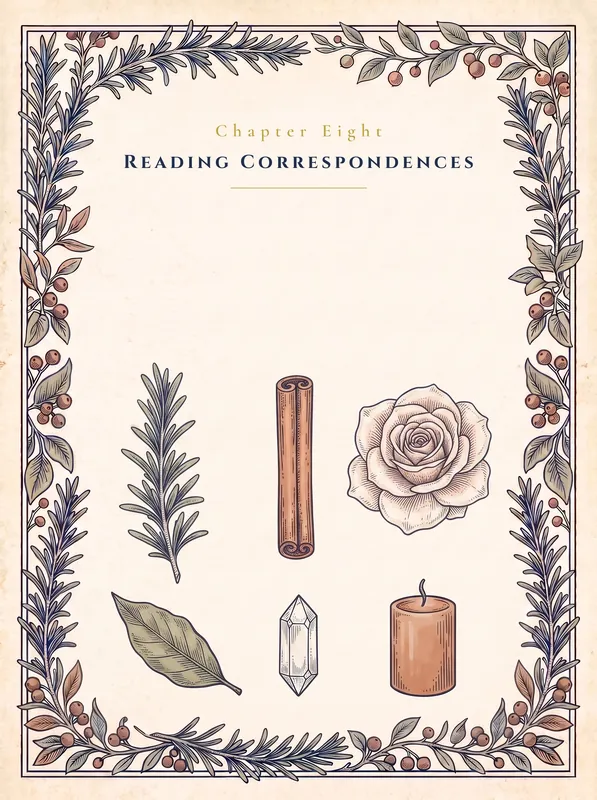 Chapter-opener plate: rosemary, cinnamon, rose, bay leaf, crystal, and candle